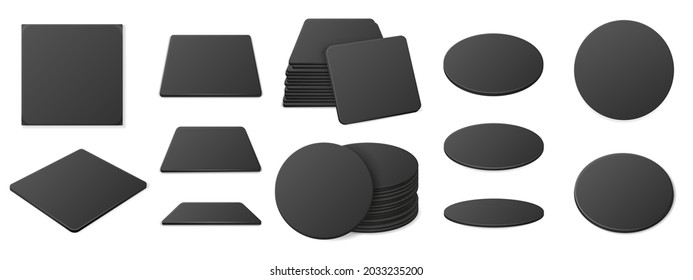 Black Beer Coaster. Realistic Round And Square Drinks Coasters For Pub And Bar, Dark Color Supports For Glasses With Beverages, View From Different Angles, Blank Cardboard Mats Mockup Vector Set