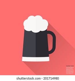 Black beer , Glass of beer icon ,Vector illustration , flat design with long shadow