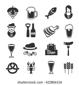 Black beer icon set with description of octoberfest accessories and equipment of people who working in pub vector illustration