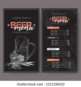 Black beer menu template with beer keg and mug, hop branch, wheat, chips, nuts, chicken wings and snack plate. Great for bar, restaurant, cards and menu, pub signs, culinary design.