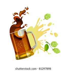 Black beer mug with splash over white background