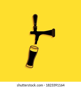 Black Beer tap with glass icon isolated on yellow background. Long shadow style. Vector.