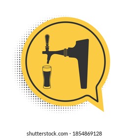 Black Beer tap with glass icon isolated on white background. Yellow speech bubble symbol. Vector.