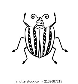 Escarabajo negro al estilo Doodle. Error con rayas en la parte posterior. Ilustración vectorial simple aislada en fondo blanco.