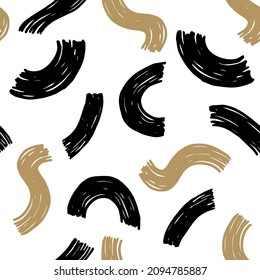 Black and beige abstract seamless pattern on white background. Lines, shapes, curves, arcs. Vector design for textile, backgrounds, clothes, wrapping paper and wallpaper. Fashion seamless pattern.