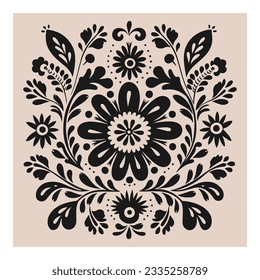 Black and beige boho symmetrical ornament with flowers. Scandinavian folk art. Ethnic botanical vector illustration. Floral silhouette composition.