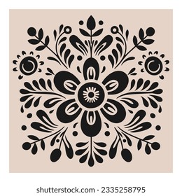 Black and beige boho symmetrical ornament with flowers. Scandinavian folk art. Ethnic botanical vector illustration. Floral silhouette composition.