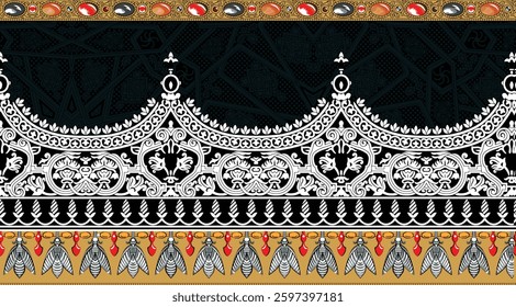 black and beige border design with white lace-like detailing and small decorative elements, for textile, wallpaper, gift wrapping.