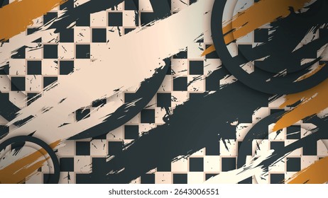 Black beige checkerboard background vector with brush stroke, circles and orange accents. Suitable for modern designs, posters, banners, and digital art.
