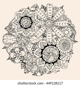 Black and beige color circle flower ornament, ornamental round lace design. Floral mandala. Hand drawn ink pattern made by trace from personal sketch.