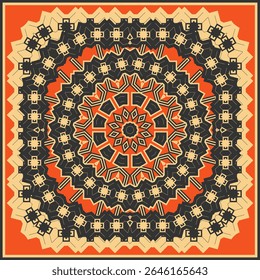 Black and beige complex ethnic mandala on orange background. Design for bandana, plaid, neckerchief or other. Vector illustration