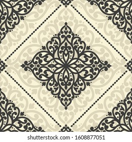 Black and beige damask seamless pattern. Vintage, paisley elements. Traditional, Turkish motifs. Great for fabric and textile, wallpaper, packaging or any desired idea.