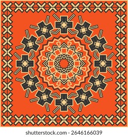 Black and beige ethnic mandala on orange background Design for bandana, blanket, neckerchief or other. Vector illustration