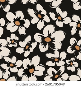 Black and beige floral pattern with dark background. Seamless pattern with florals for fabric, textiles, clothing, wrapping paper. Vector illustration