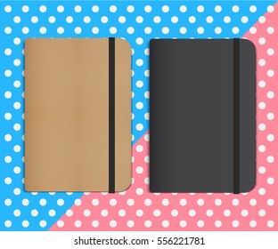 Black and Beige Notebooks with Elastic Bands on Trendy Polka Dots Background. Vector.