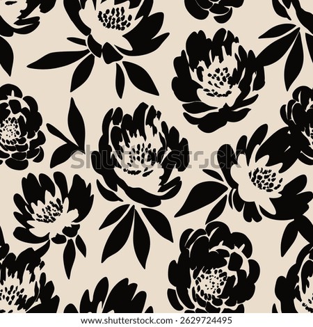 Black and beige seamless floral pattern with large blooming peonies