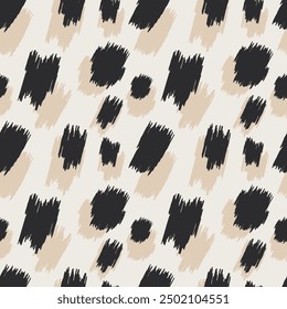 Black and beige spots with jagged edges form a seamless pattern with leopard print for modern decorative pillows, wrapping paper, fabrics. Vector.