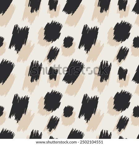 Black and beige spots with jagged edges form a seamless pattern with leopard print for modern decorative pillows, wrapping paper, fabrics. Vector.