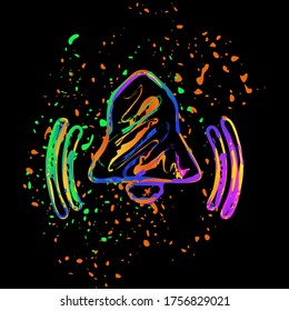 black bell icon. Colored ink with splashes on black background