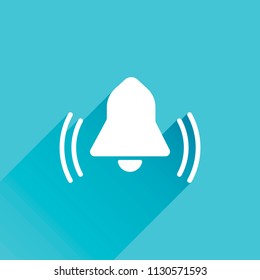 black bell icon. Gray icon with long shadow in bottom left corner on blue background