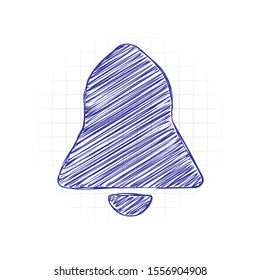black bell icon. Hand drawn sketched picture with scribble fill. Blue ink. Doodle on white background