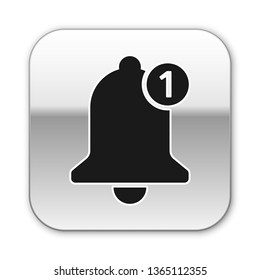 Black Bell icon isolated on white background. New Notification icon. New message icon. Silver square button. Vector Illustration