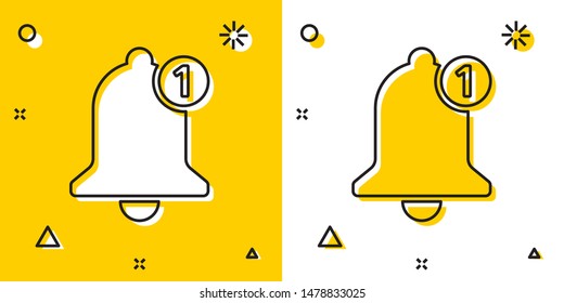 Black Bell icon isolated on yellow and white background. New Notification icon. New message icon. Random dynamic shapes. Vector Illustration