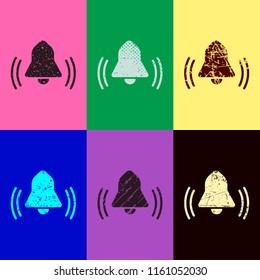 black bell icon. Pop art style. Scratched icons on 6 colour backgrounds. Seamless pattern