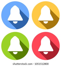 black bell icon. Set of white icons with long shadow on blue, orange, green and red colored circles. Sticker style