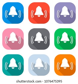 black bell icon. Set of white icons on colored squares for appli