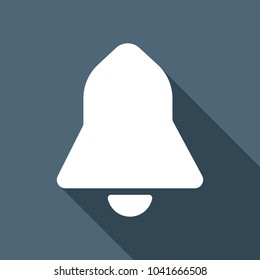 black bell icon. White flat icon with long shadow on background