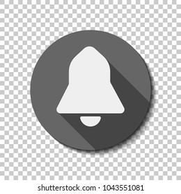 black bell icon. White flat icon with long shadow in circle on transparent background