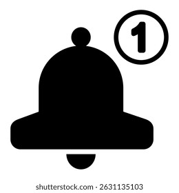 Black bell notification icon with badge circle showing one alert, ideal for apps and interfaces