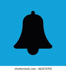Black bell vector icon. Blue background