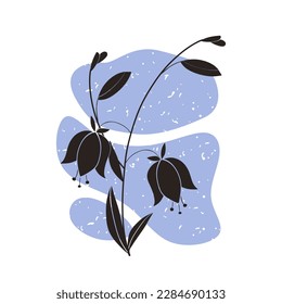 Black bellflower with Leaves. Modern elegant floral drawing, Square Poster or card. Hand drawn trendy Campanula for decoration or design. Vector illustration