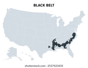 Black Belt in the American South, political map. Area so called in days of cotton plantation economy, because of its dark, fertile soils and later because of the high proportion of African Americans.