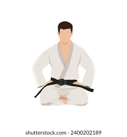 Black Belt karate man sit on a position to start or finish practicing. Flat vector illustration isolated on white background