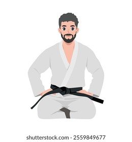 Black Belt karate man sit on a position. Flat Vector character illustration