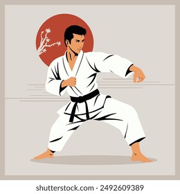 Black belt person do karate stance with retro aesthetic illustration concecpt