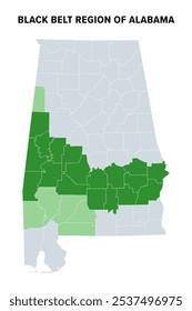 Região de Black Belt do estado americano do Alabama, mapa político. Os países verdes destacados são aqueles em que os afro-americanos representam a maioria da população, enquanto os países verdes claros às vezes são considerados parte disso