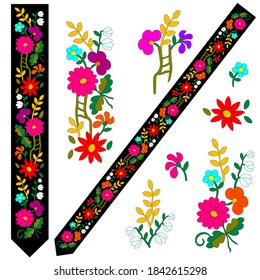 Black belt and tie with flowers for folk costume, ornament for embroidery, pink peonies, red chrysanthemums, orange geraniums, blue wildflowers, separate elements for printing invitations hand drawn