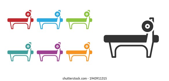 Black Bench with barbel icon isolated on white background. Gym equipment. Bodybuilding, powerlifting, fitness concept. Set icons colorful. Vector