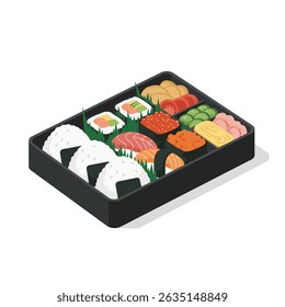 A black bento box of Japanese food sits on a white background in a top view.