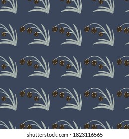 Black berries seamless forest pattern. Botanic wild ornament on navy blue dark background. Simple floral print. Backdrop for fabric design, textile print, wrapping, cover. Vector illustration.