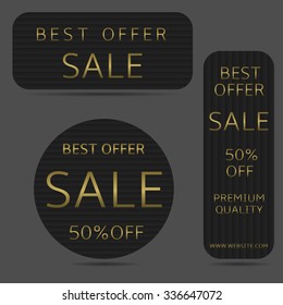Black Best offer banner set with golden text. Discount cards, Vector illustration