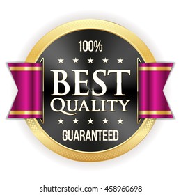 Black best quality button, badge with gold border and purple ribbon