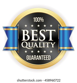 Black best quality button, badge with gold border and blue ribbon