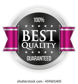Black best quality button, badge with silver border and purple ribbon
