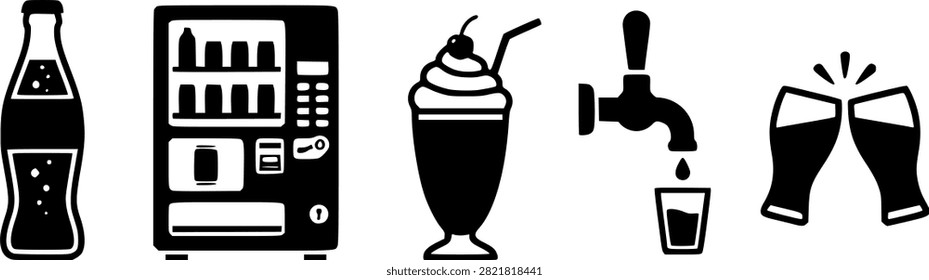 Black beverage icon set featuring a soda bottle, vending machine, milkshake, tap, and clinking glasses. Minimalist flat vector symbols for food and drink design on a white background.