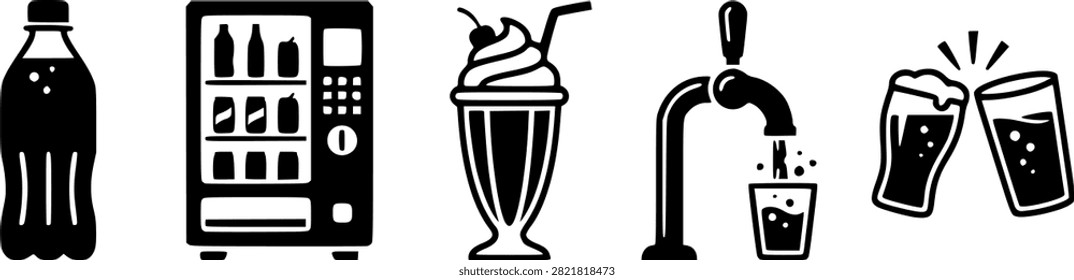 Black beverage icon set featuring a soda bottle, vending machine, milkshake, tap, and clinking glasses. Minimalist flat vector symbols for food and drink design on a white background.